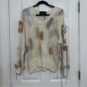 SANI RUBENSTEIN Knit and Fur Ivory Vintage Sweater Distressed Crewneck
